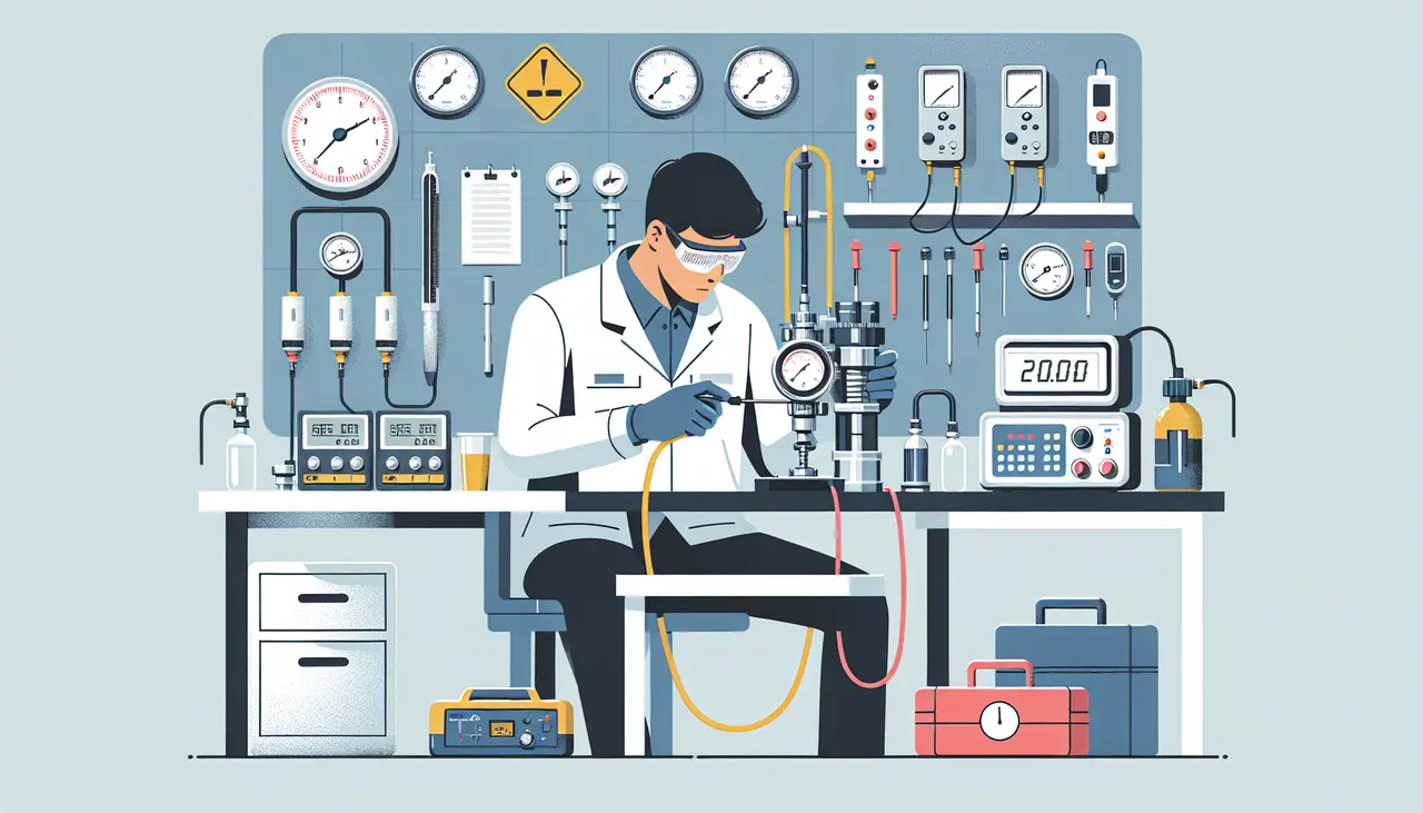 Draw a graphic in flat design style. A flat design style image of a technician carefully adjusting a calibration instrument, with various workplace equipment like a pressure gauge and multimeter in the background, set on a clear and uncluttered workspace.
